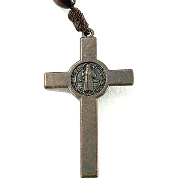 Catholic St Benedict Rosary Wooden Beads Metal Crucifix INRI 20” - Picture 3 of 6